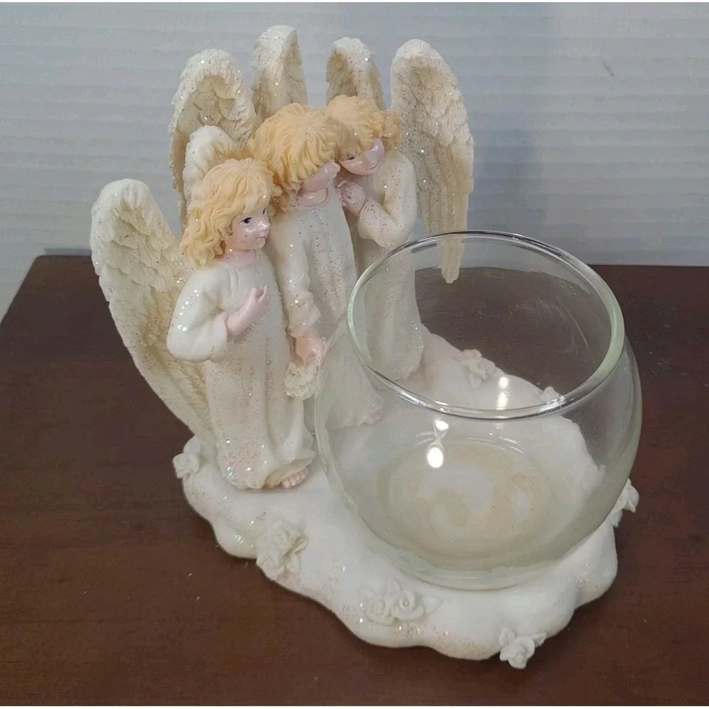 Ganz Trio Porcelain‎ Angel Figurine with Glass Bowl Candle Holder 4.5